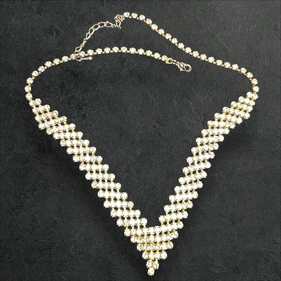 Vintage Rhinestone V Statement Necklace Gold Tone 16" - Picture 1 of 5